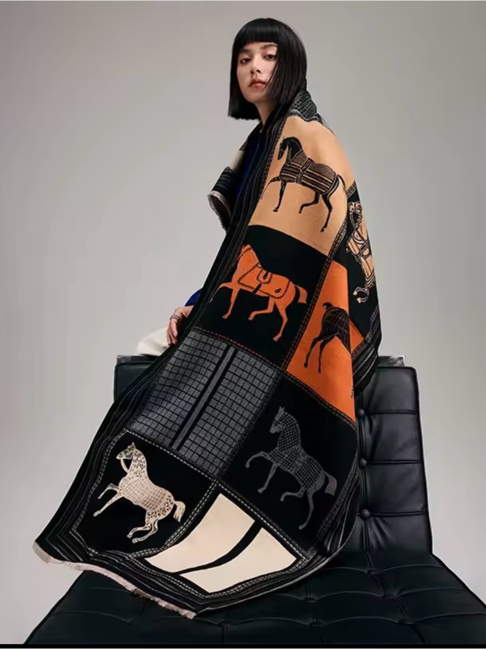 Equestrian Print Wrap Cape in Black & Beige